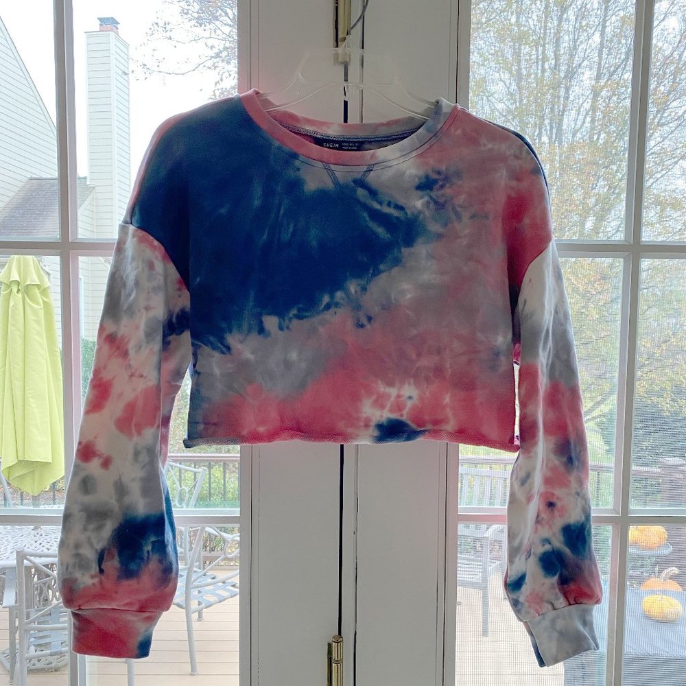 New Women's Crop Blue and Fuschia Tie Dye Sweatshirt